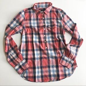 J. Crew Plaid Half Button Shirt Top